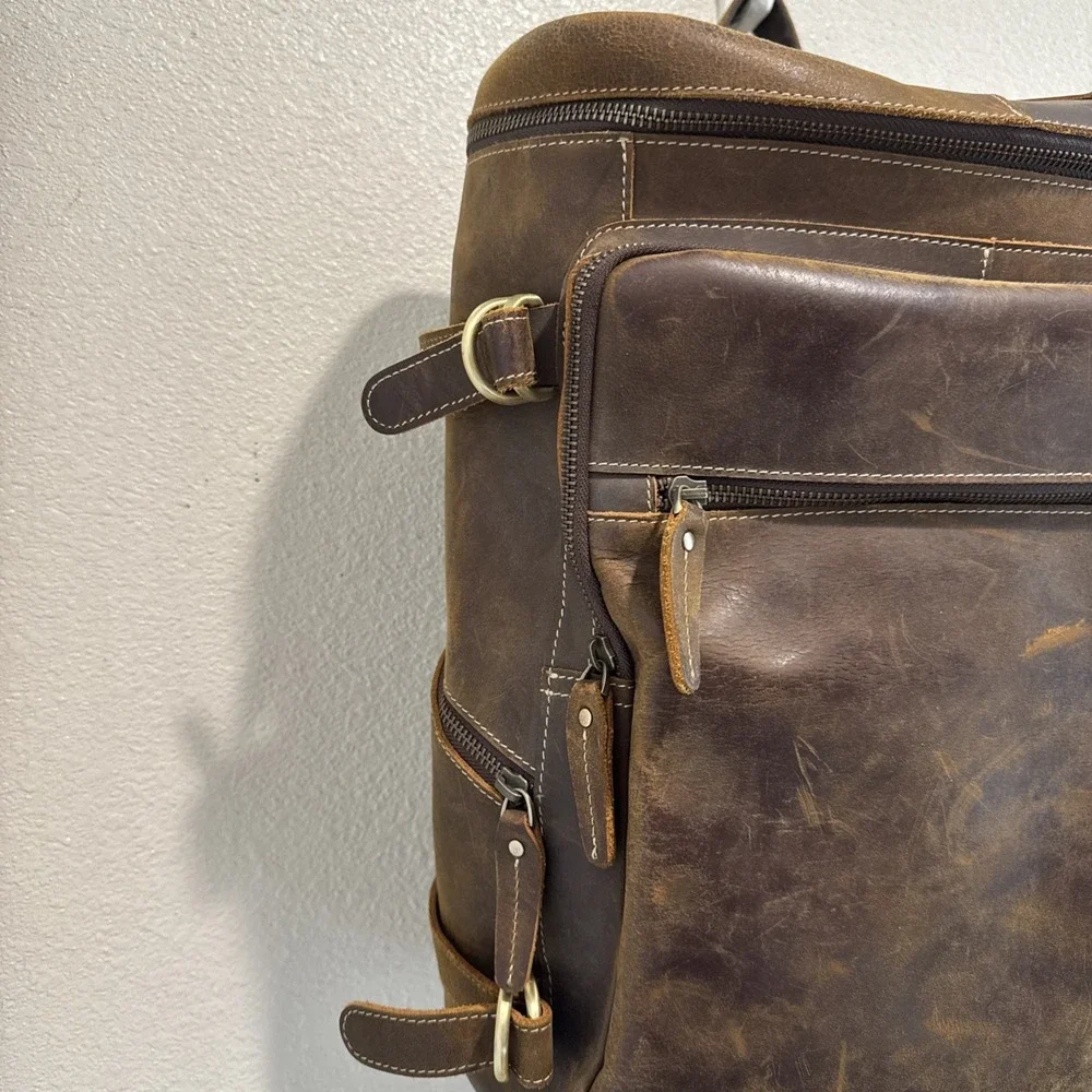 Leather Bag Laptop Backpack Genuine Rucksack Vintage Travel Men's Brown 13x14